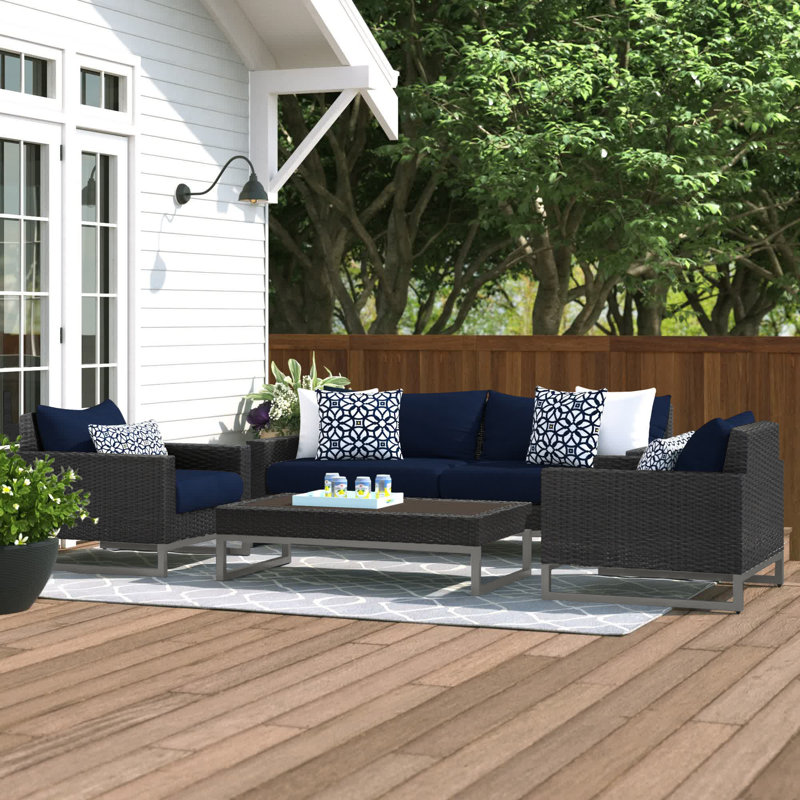 Sameko Amali 4-Piece Rattan Sofa Seating Group With Sunbrella Cushion Covers, Canvas Navy Sunbrella® Canvas, Brown