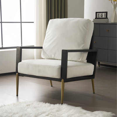 White Velvet Accent Chair, Upholstered Lounge Arm Chair with Solid Wood Frame & Metal Legs