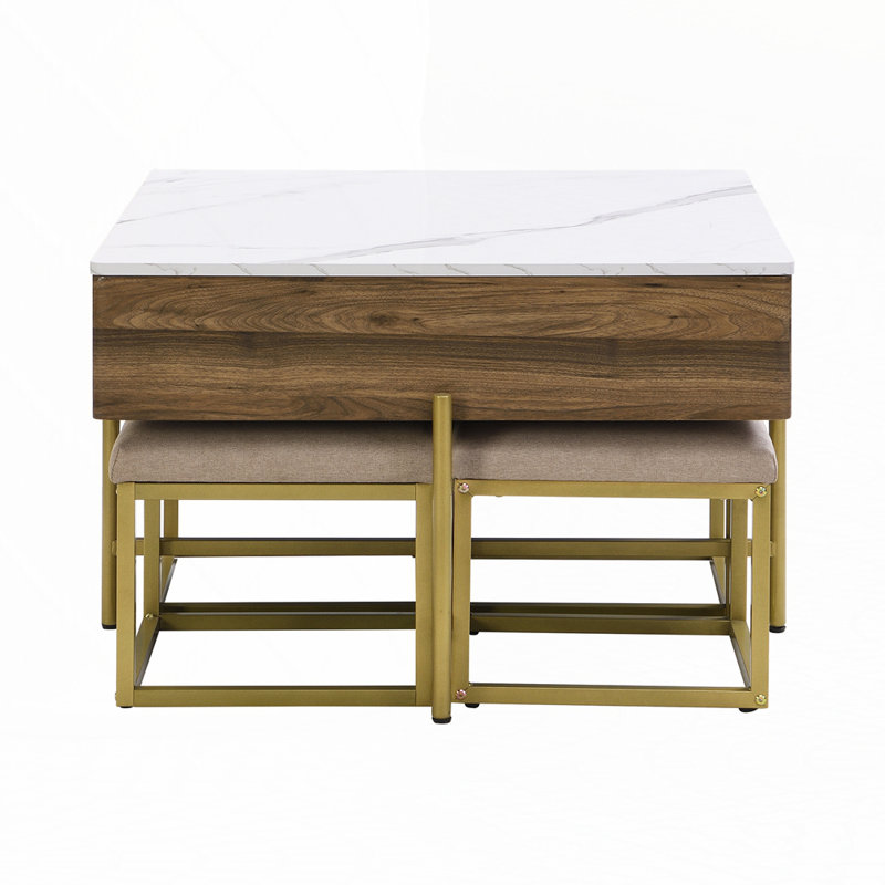 Modern Square Lift-Top Coffee Table Set with 4 Ottomans