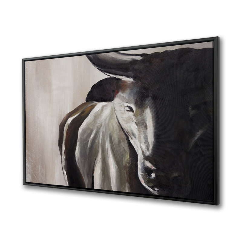 Bull Head Front View - Office Beige Framed Canvas Decor