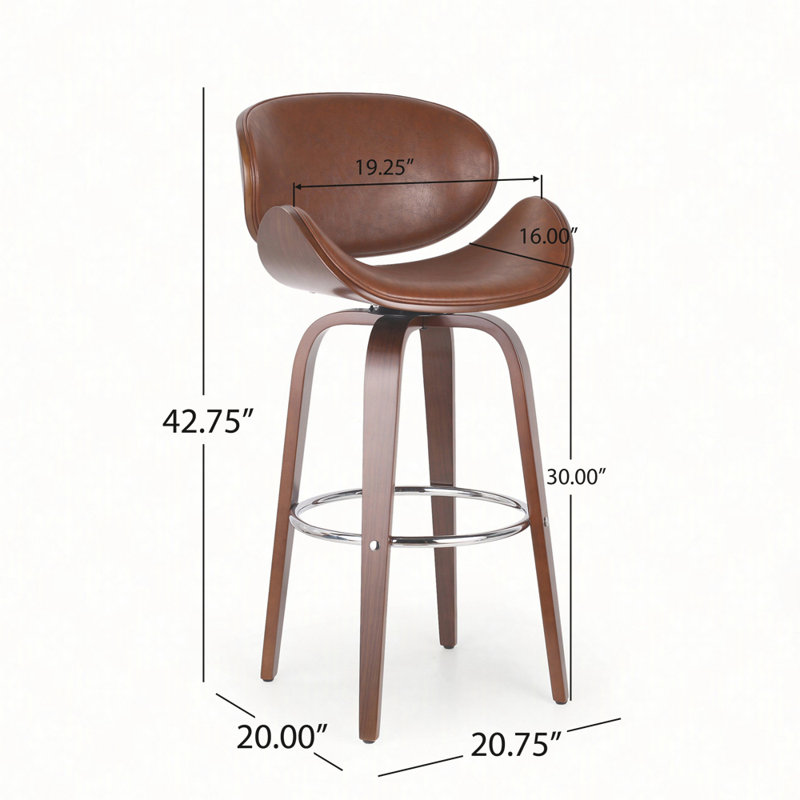 Tabouret de bar pivotant de style Mid-Century avec structure en bois cintré et repose-pieds chromé