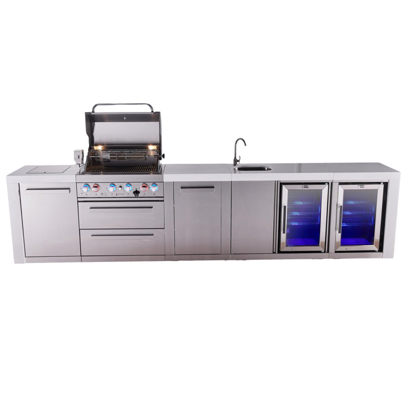 Mont Alpi Premium 4-burner 145" Deluxe Stainless Steel Island Modular Outdoor Kitchen Island Bbq Gas Grill With Side Burner + Beverage Center Faucet & Sink + Refrigerator + Storage Drawers & Cabinets