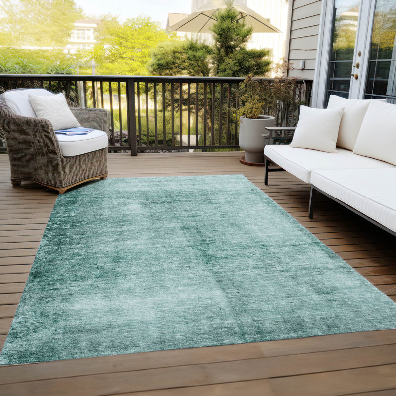 Tapis bleu sarcelle lavable à la machine intérieur / extérieur Xhevrie, Rectangulaire 8 pi x 10 pi