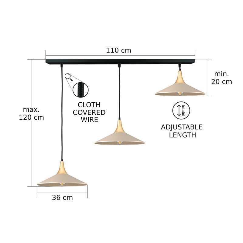 - Light Matte Black Dome Pendant, Gold/Latte, 120cm H x 125cm W x 36cm D, 3 Lights