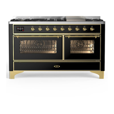 Cuisinière à double combustible 60 pouces avec 7 brûleurs scellés et plaque chauffante Majestic III Series en noir brillant (gaz naturel, garniture en laiton)