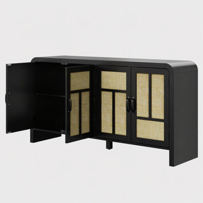 Rattan Sideboard Buffet Cabinet with Storage, 59'' Large Boho Storage Cabinet with 4 Doors and Adjustable Shelves, Black Wood Console Table