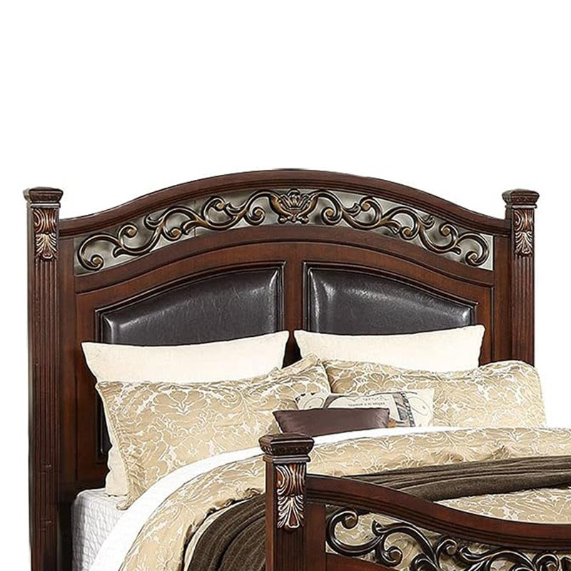 Meo  Bed, Padded Carved Dark Brown Faux Leather Upholstered, King