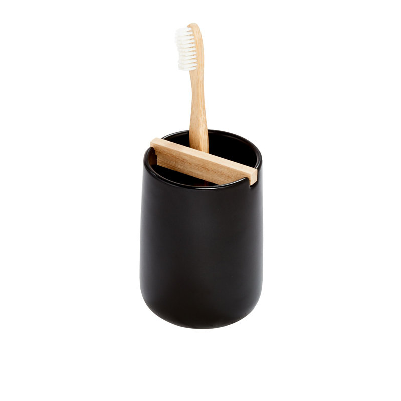Black Ceramic Toothbrush Holder with Wood Divider