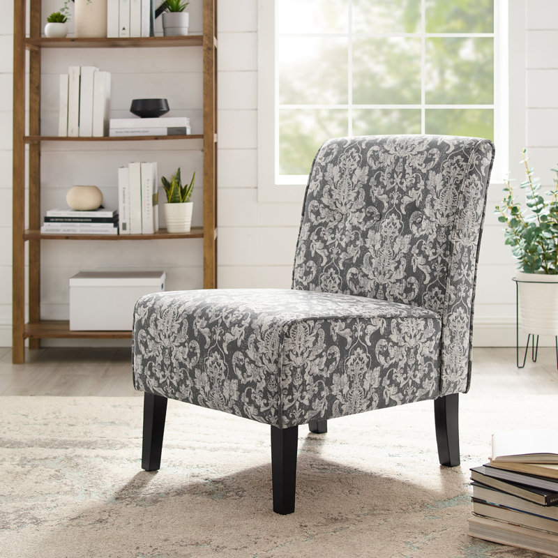 Berniya Upholstered Button Tufted Slipper Chair with Wooden Legs, Gray Damask Polyester Blend
