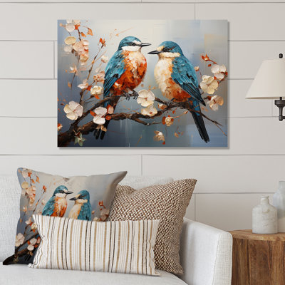 Orange And Blue Birds On Blossom Tree - Bird Metal Wall Art