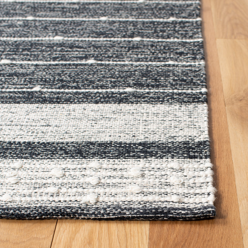 Henneman Hand Woven Cotton/Wool Striped Rug in Black/White, Square 5'