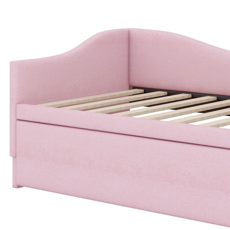 Lit de jour simple en L rembourré en forme de L avec lit gigogne escamotable, Rose
