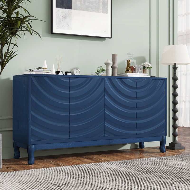 Élégant buffet doté de portes à motif ondulé sophistiquées avec un design à rainures arquées dans une disposition élégante à quatre portes, réglable, adapté pour le bureau, le vestibule et le salon (bleu marine)