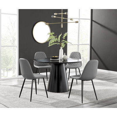 Edzard Statement Pedestal Round Dining Table Set & 4 Luxury Faux Leather Dining Chairs