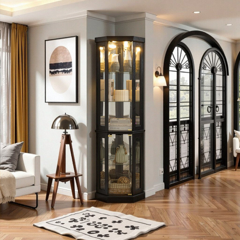 Display Case with Built-in Lighting for Collectibles and Wine Storage, Black