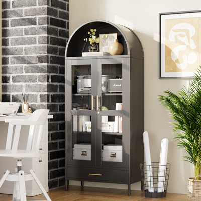 Armoire arquée en métal avec 1 tiroir, vitrine avec portes en verre, bibliothèque arquée avec 2 tablettes réglables pour le bureau, la cuisine, le garde-manger, la salle à manger, assemblage requis, noir