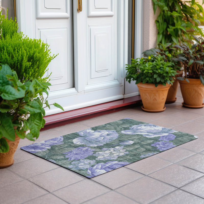 Lavender Floral Pattern Washable Synthetic Area Rug