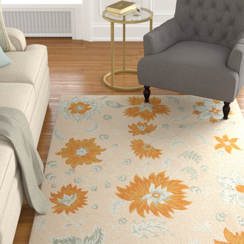 Jahiem Floral Hand Hooked Wool Ivory Area Rug, Rectangle 8' x 10'