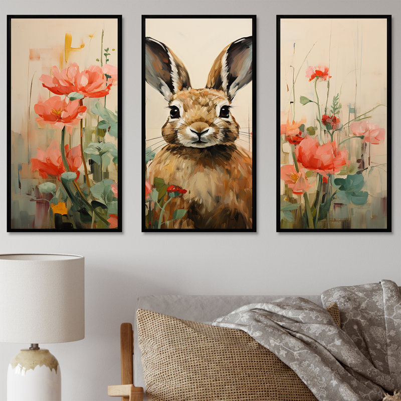 Curious Floral Rabbit Meadow I - Lapin, art mural animal, Cadre flottant noir, H 28 po x l 36 po