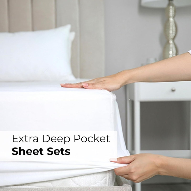 Extra Deep Pocket Sheet Set, Cooling & Breathable Bed Sheets, Soft Hotel Luxury Bedding, Fits 18–24 Inch Mattress, White
