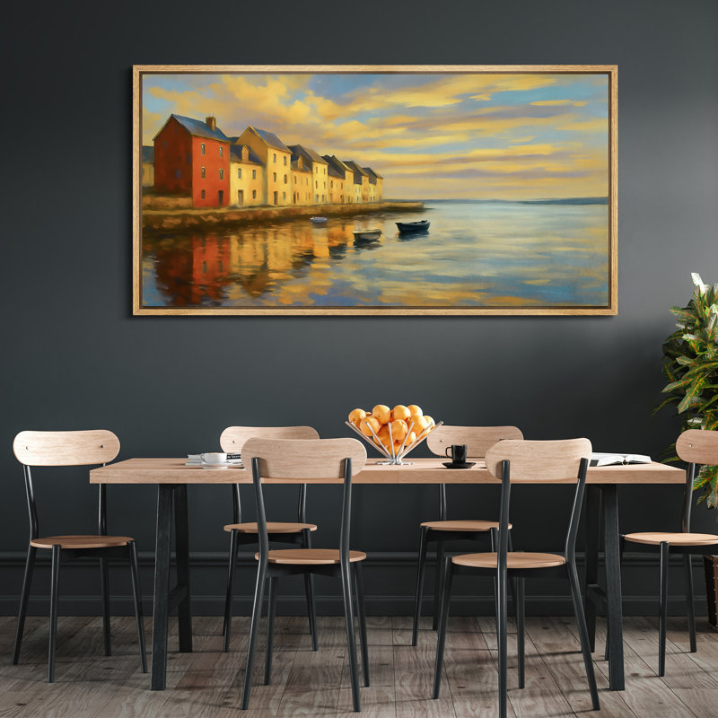 «Sunset Harbor Village», toile encadrée - Art mural de reflets côtiers dans des tons chauds, Naturel, H 30 po x l 60 po