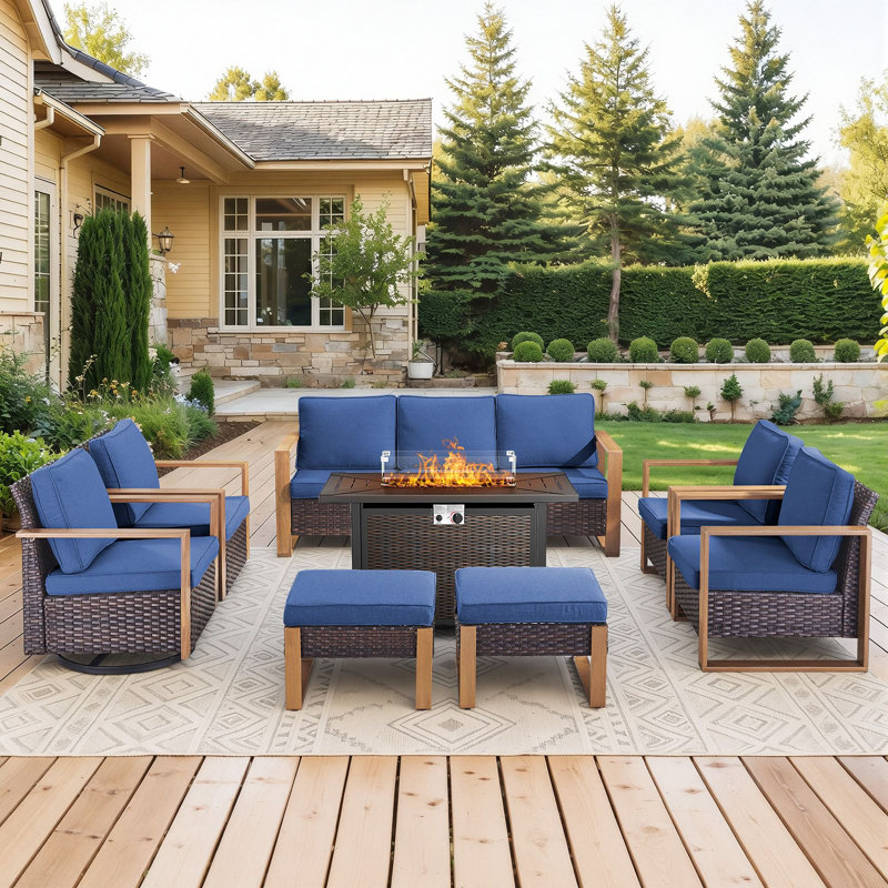 Drazen 9 - Person Patio Furniture Set With Fire Pit Table, All-Weather Wicker Outdoor Conversation Set With Chair And Thick Cushions