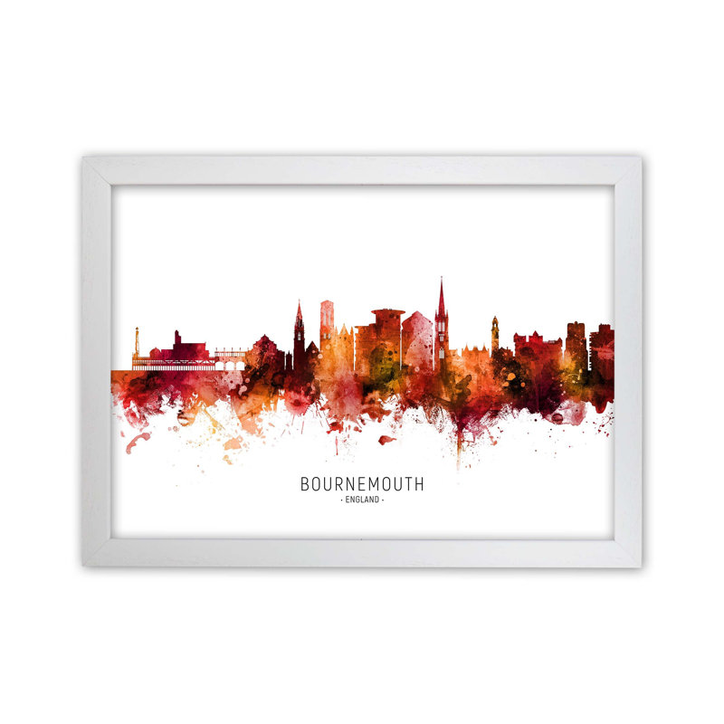 Bournemouth England Skyline Red City Name by Michael Tompsett - Print, 59.4cm H x 84.1cm W x 3cm D, White Framed