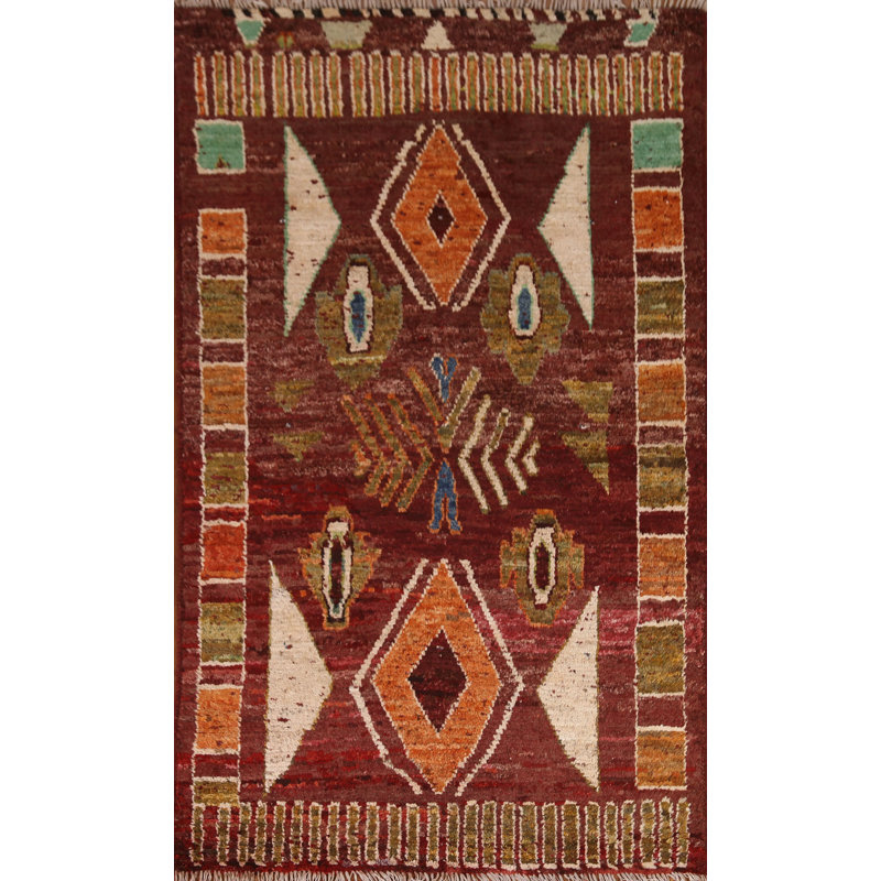 Tapis rouge / orange en laine noué à la main de conception unique 4 pi 1 po x 6 pi 5 po New Age