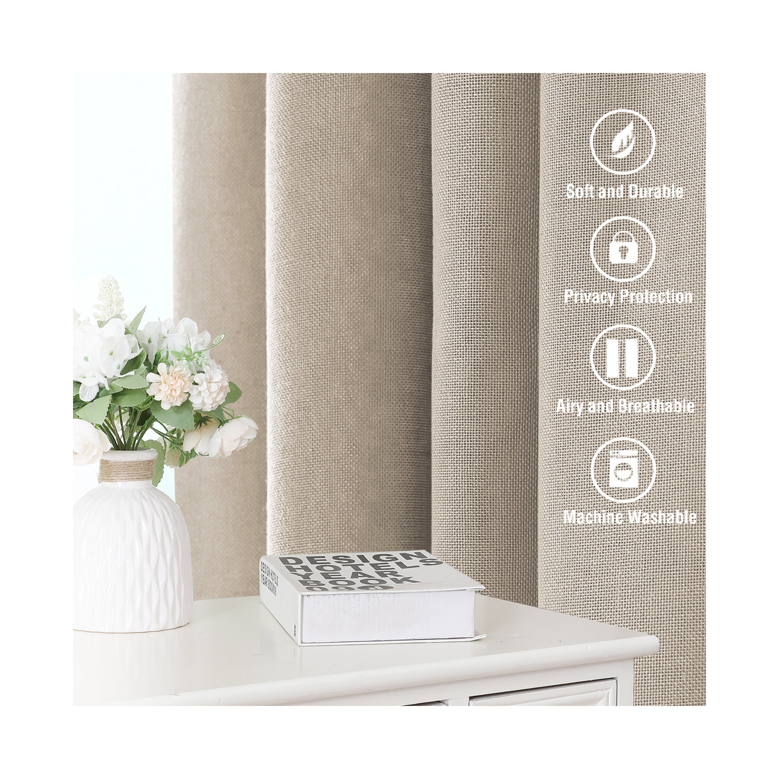 Linen Curtains for Living Room 2 Panels Back Tab Loop Pocket Textured Light Filtering Semi Sheer Rustic Farmhouse Boho Curtain for Bedroom
