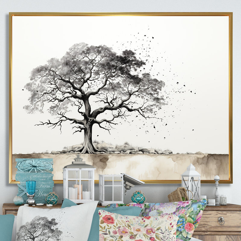 Baobab gris II sur toile, Cadre flottant doré, H 24 po x l 32 po x P 1 po