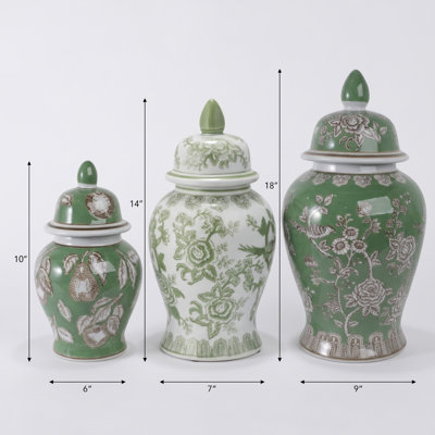 Set of 3 Chinoiserie Ceramic Temple Jars with Lids - Decorative Green and White Floral Vase Accent Collection for Living Room, Mantel, Entryway, or Table Centerpiece