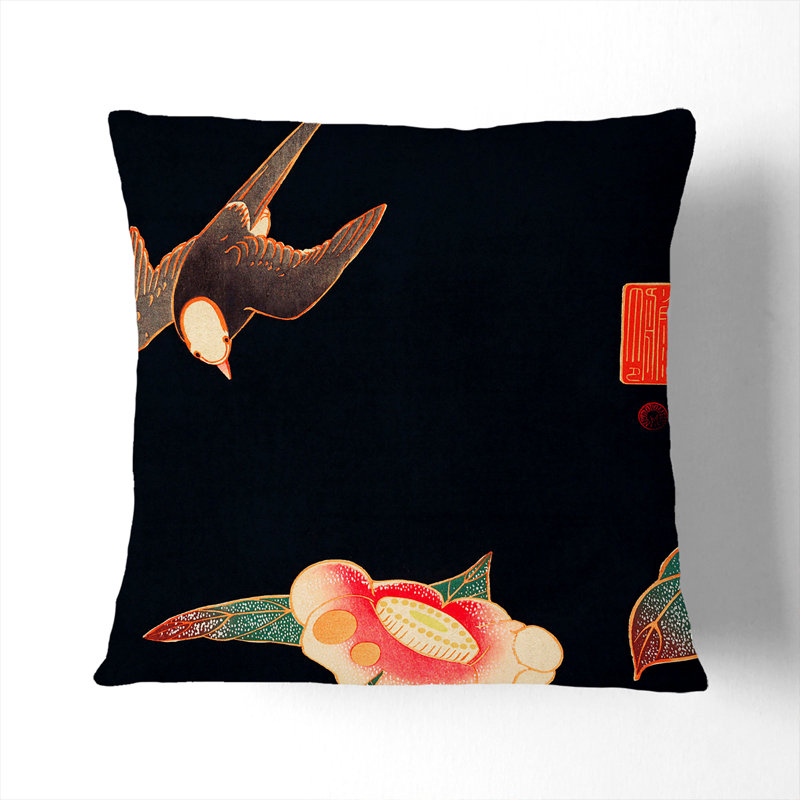 Swallow and Camellia by Ito Jakuchu Cushion with Filling, Black, 55cm H x 55cm W x 20cm D