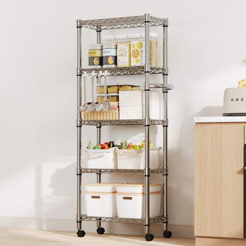 5-Tier Storage Wire Shelving Unit with Wheels 61 Inch Heavy Duty Metal Shelves Rack Adjustable Utility Rolling Shelf with Side Handles for Kitchen Garage Pantry 23.6" w x 11.8" d x 61.8" h