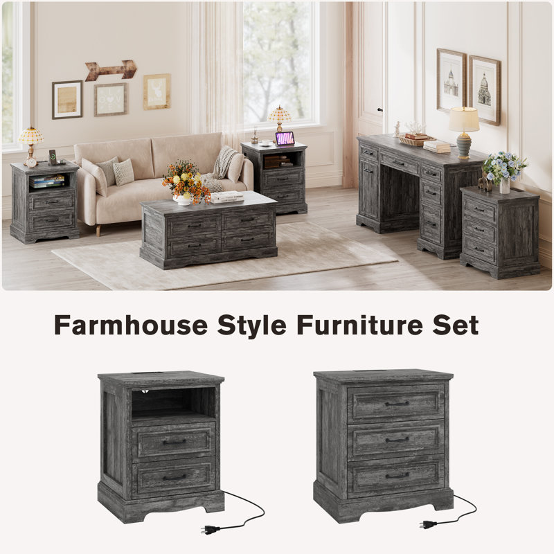 Farmhouse Nightstand Set of 2 with Charging Station, Bedside Table with 2 Drawers for Bedroom Modern End Table Storage Cabinet,Wood Small Dresser Drawer Chest for Small Place