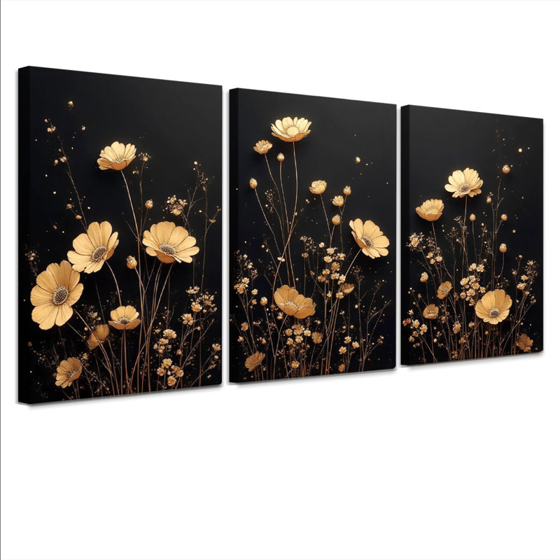 Toile murale à motif floral doré, abstrait (lot de 3), H 30 po x l 60 po
