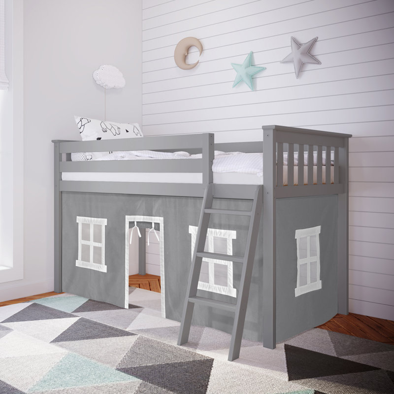 Lit mezzanine simple en bois massif avec rideau Ethridge Kids, Gris, Gris
