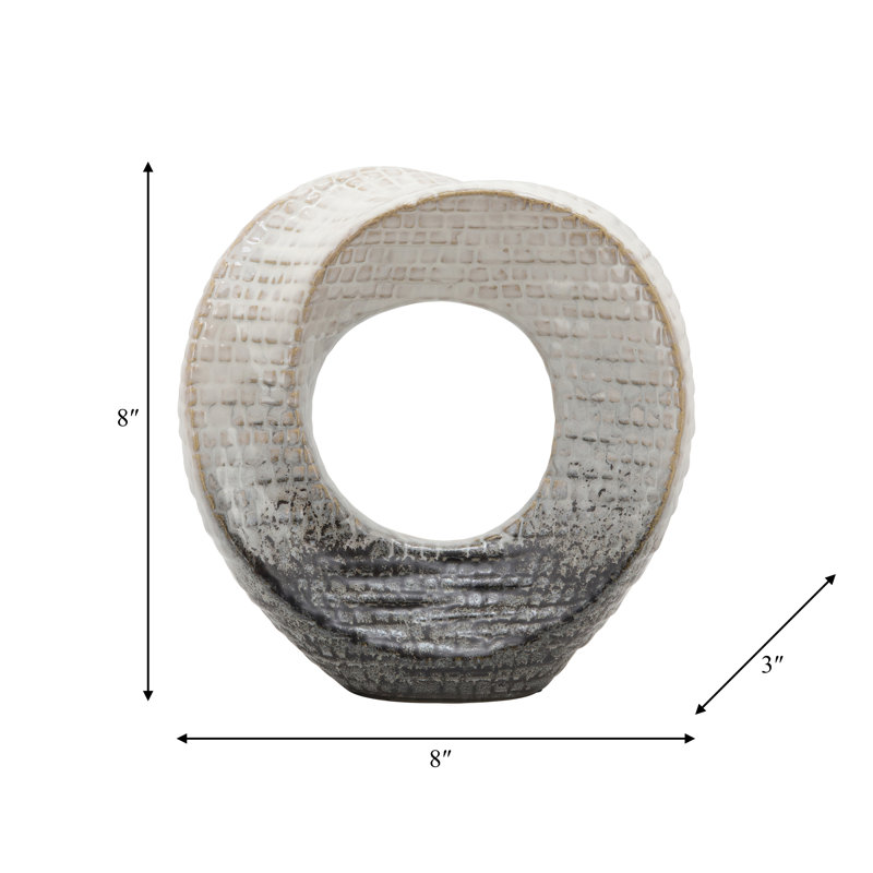 Modern Stoneware Ceramic Decorative Object, Ivory/Beige, 8" H x 8" W x 3" D