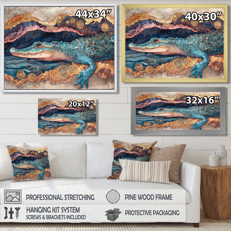 Aligator and Marble Felections III - Crocodile, art mural, H 28 po x l 60 po, Cadre flottant, Crème, crème