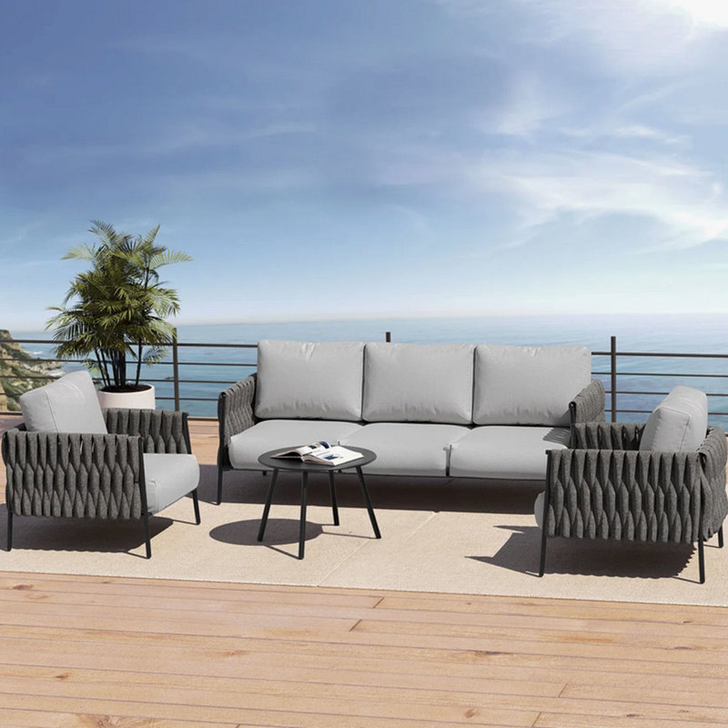 Ensemble de conversation 5 pièces pour canapé d'extérieur en rotin avec 3 sièges et 2 chaises, 2 tables pour la cour, près de la piscine, gris