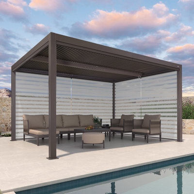 14 pi. L 12 pi. Pergola en aluminium avec abat-jour roulant, 1 côté long et 1 côté court