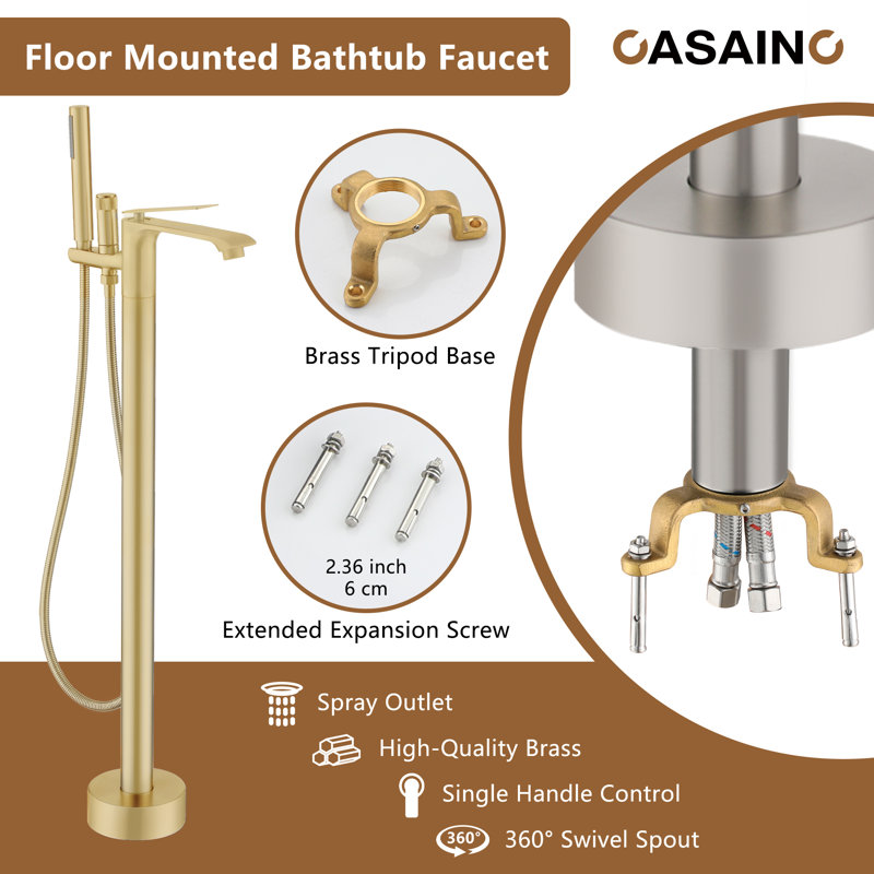 Single Handle Free Standing Bathtub Faucet with Diverter and Handshower, Brushed Gold