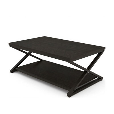 Black Rectangle Coffee Table with Storage Shelf, 2-Tier Cocktail Table with X-Leg Metal Frame for Living Room, 39.4"L x 23.6"W x 17.7"H