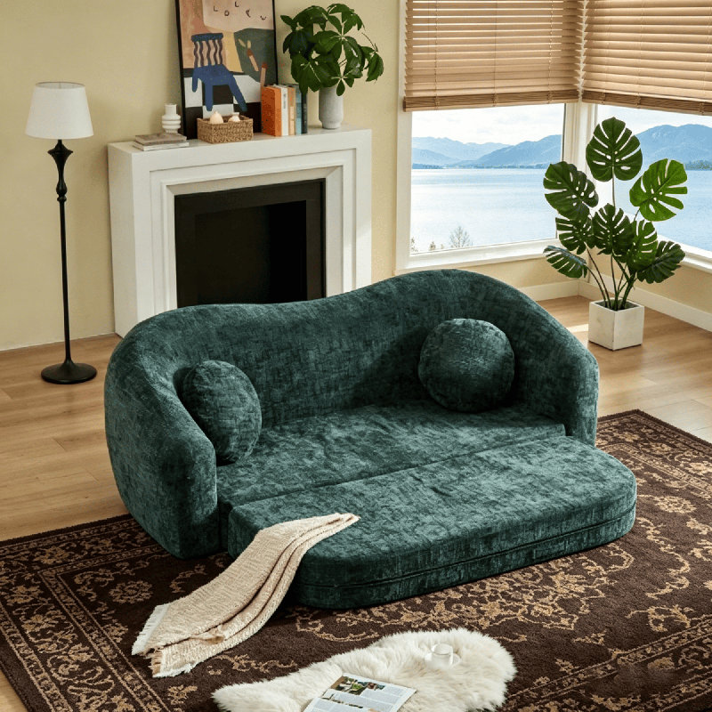 Canapé-lit courbé en chenille - 86 po, rembourré par compression, sans assemblage, CSN-W3505P452833 Vert