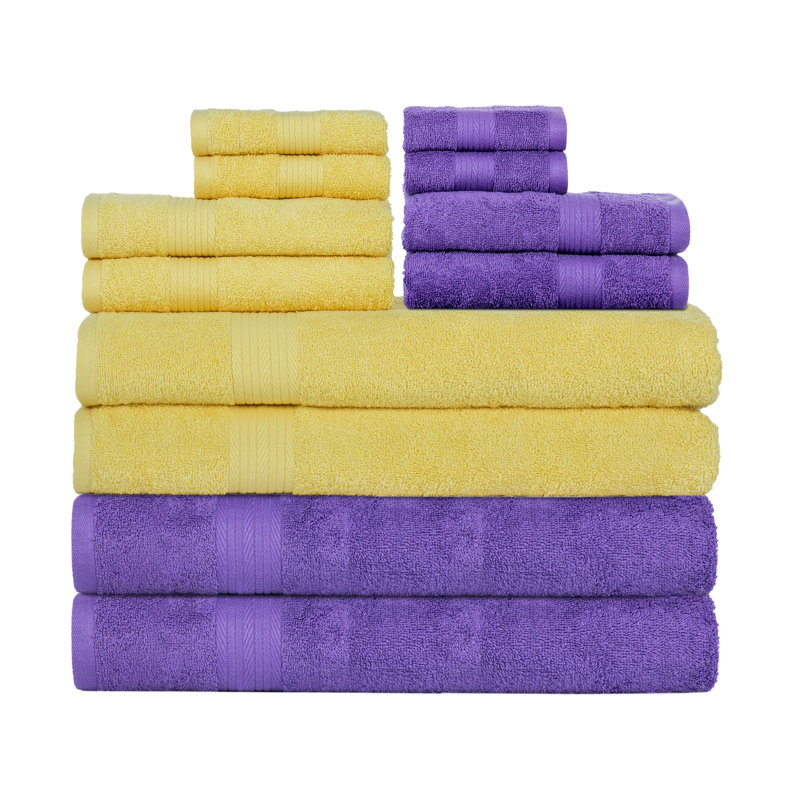 100% Cotton Bathroom Towel Set of 12 Absorbent Soft Plush Fast Drying, Purple/Yellow
