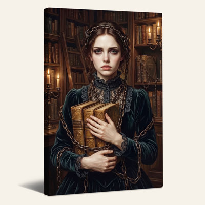 «Woman with Chains tenant des livres dans une bibliothèque», art mural d'Halloween