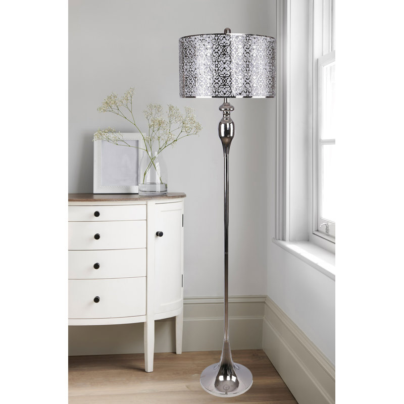 Poyner 63" Metal Floor Lamp with Laser Cut Metal Shade, Polished Nickel, Polished Nickel