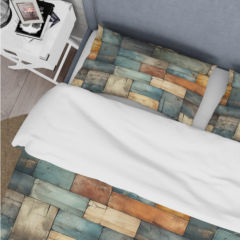 Literie rustique moderne avec planches de ferme cubiques, Housse de couette pour très grand lit et 2 très