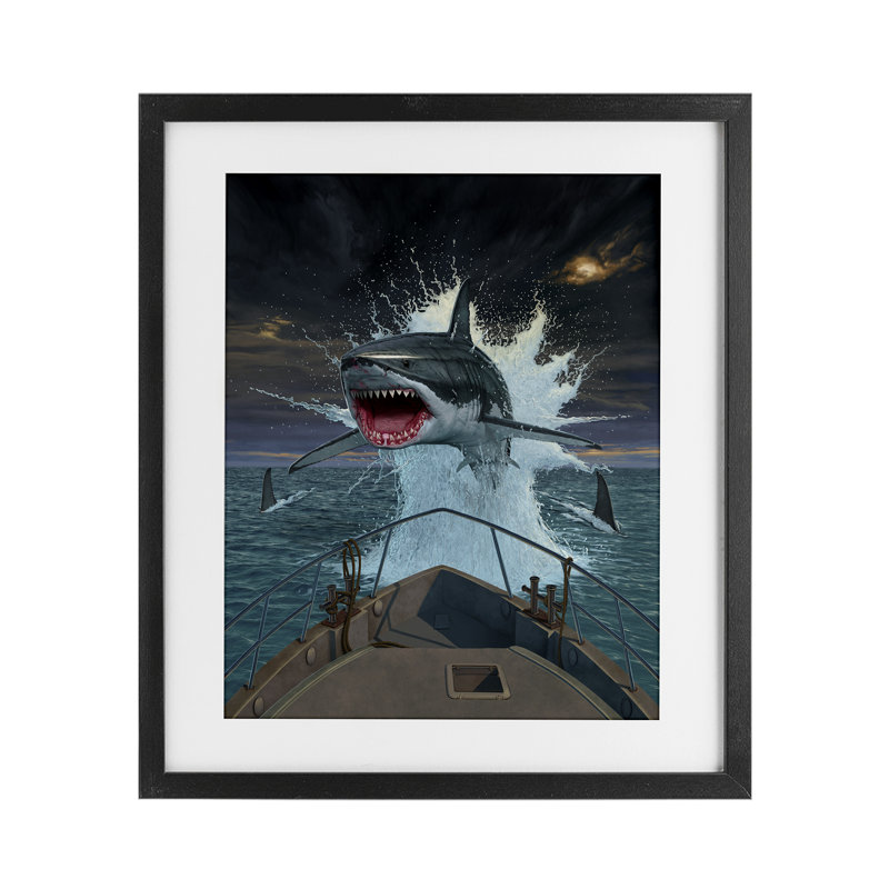 Fish Out Of Water Shark Framed Print Under Glass, design by Vincent Hie, Midnight Black Frame, 16" H x 13" W