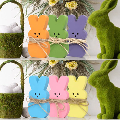 6pcs Wooden Bunny Peeps Signs, Easter Spring Farmhouse Decorations For Mantel Table Shelf Tiered Tray, Rustic Country Home Holiday Accents