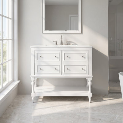 Meuble de salle de bain blanc sur pied de 91 cm (L) x 46 cm (P) avec lavabo en céramique et quatre tiroirs de rangement